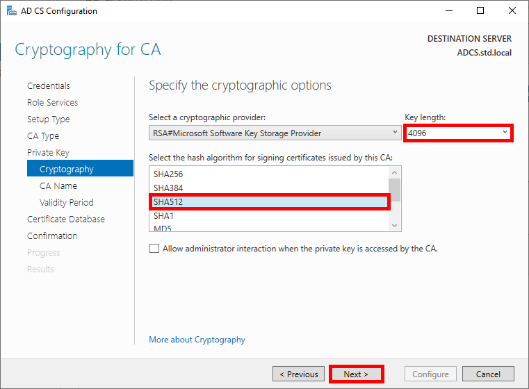 Screenshot of the Cryptography for CA page in the AD CS Configuration wizard, showing the selection of RSA cryptographic provider, key length 4096, and hash algorithm SHA512