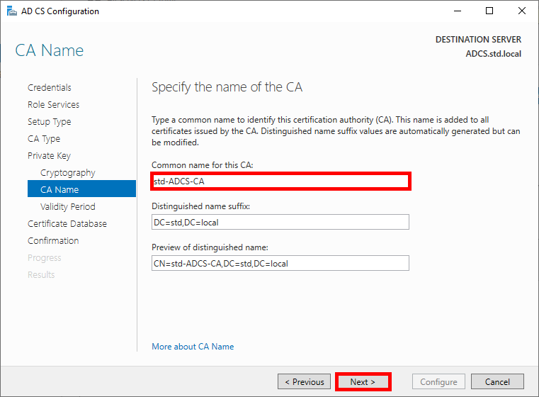 Screenshot of the CA Name page in the AD CS Configuration wizard, showing the input for the common name of the certification authority as std-ADCS-CA.