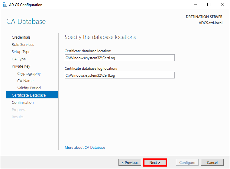 Screenshot of the CA Database page in the AD CS Configuration wizard, showing the default locations for the certificate database and log files.