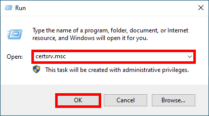 Screenshot of the Windows Run dialog box with 'certsrv.msc' entered to open the Certification Authority management console.