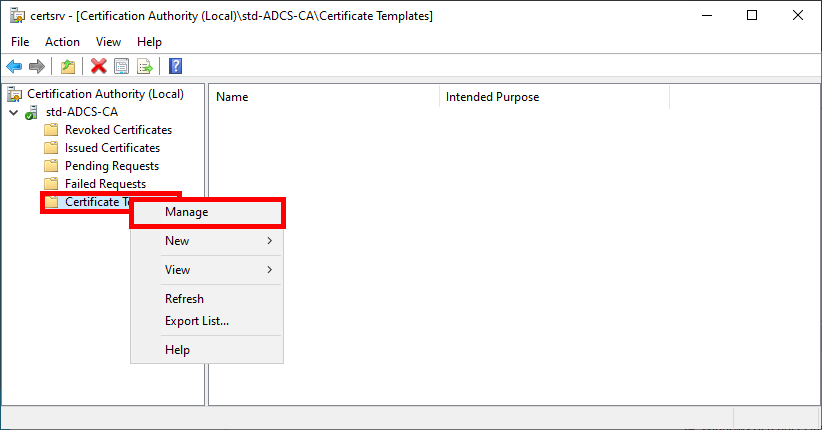 Screenshot of the Certification Authority console, showing the option to manage certificate templates in the AD CS 'Certificate Templates' section.