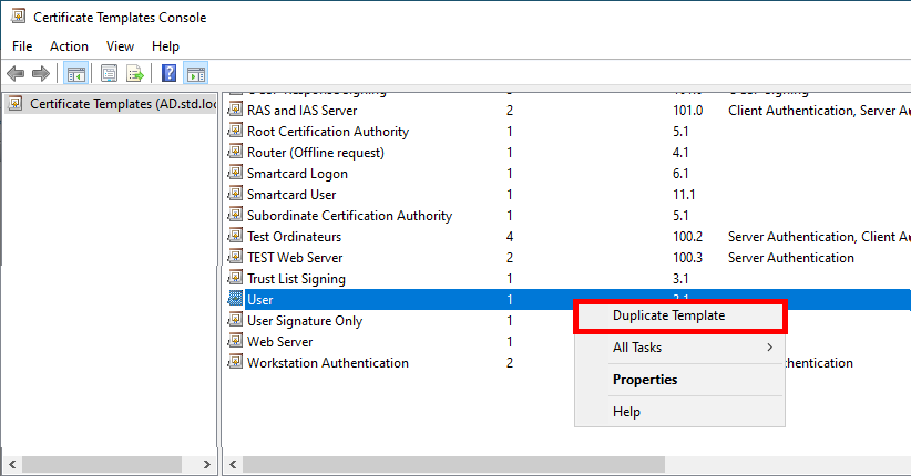 Screenshot of the Certificate Templates Console, showing the option to duplicate a user certificate template in AD CS.