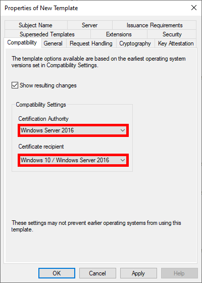 Screenshot of the Properties of New Template window in AD CS, showing compatibility settings for certification authority and certificate recipient.