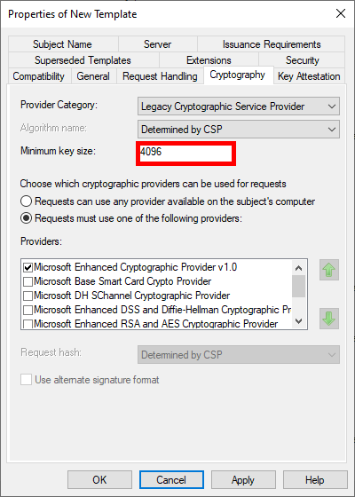 Screenshot of the Properties of New Template window in AD CS, showing cryptographic settings with a minimum key size of 4096 and selected cryptographic providers.