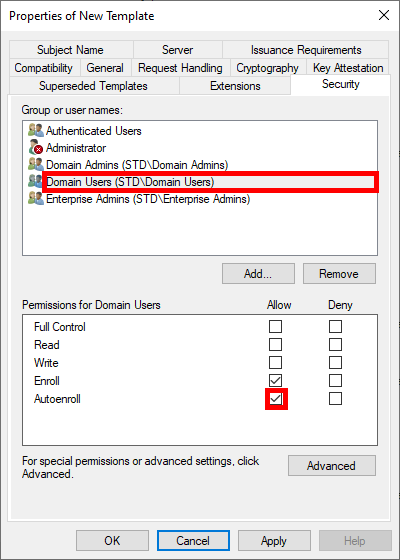 Screenshot of the Properties of New Template window in AD CS, showing security settings where Domain Users are granted Enroll and Autoenroll permissions.