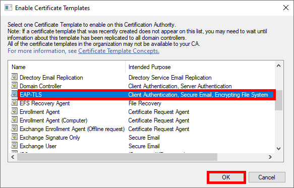 Screenshot of the Enable Certificate Templates window in AD CS, showing the selection of the EAP-TLS certificate template for enabling.