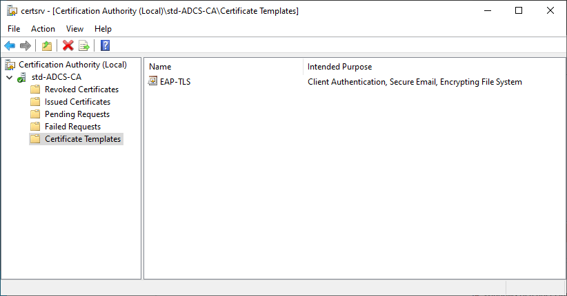 Screenshot of the Certification Authority console in AD CS, showing the EAP-TLS certificate template enabled under 'Certificate Templates'.