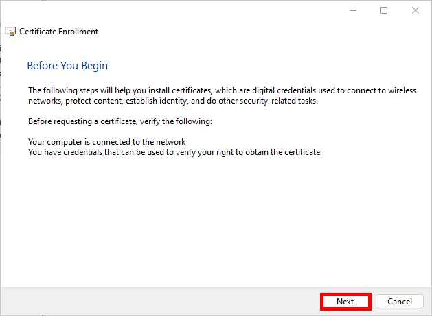 Certificate enrollment wizard introduction screen in Windows.