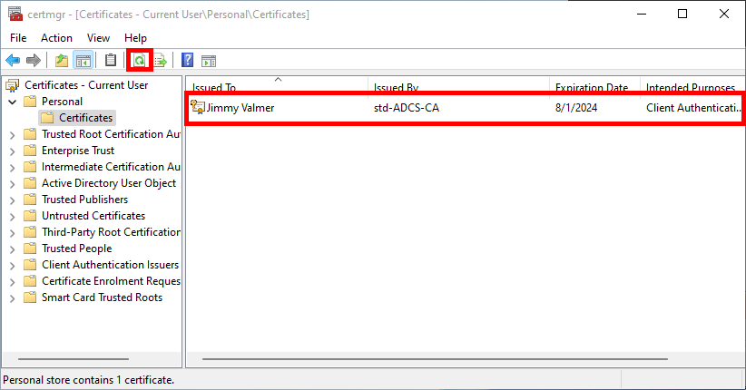 Viewing the installed EAP-TLS certificate in the Personal store of Windows certificate manager.