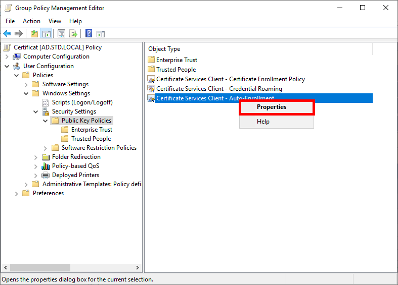 Accessing auto-enrollment properties in Group Policy Management Editor for certificate configuration.