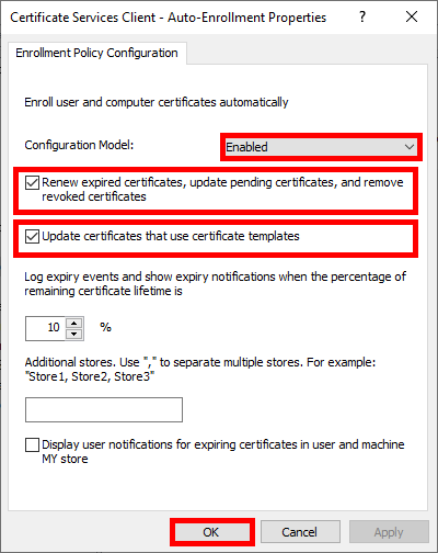 Configuring auto-enrollment settings for user and computer certificates in Group Policy.