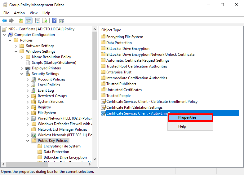 Group Policy Management Editor with the selected 'Certificate Services Client - Auto-Enrollment' option in the Public Key Policies section. The context menu highlights 'Properties'.