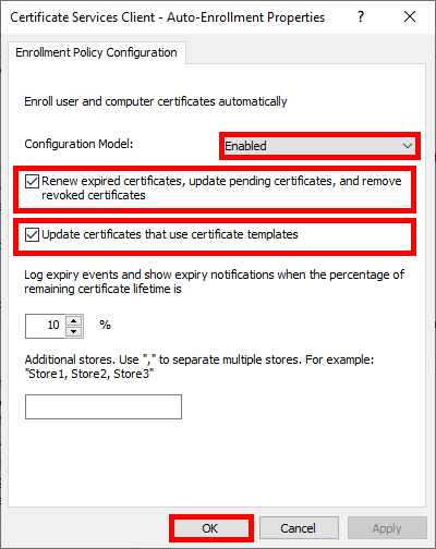 Certificate Services Client - Auto-Enrollment Properties window showing configuration for automatic certificate renewal and updates.