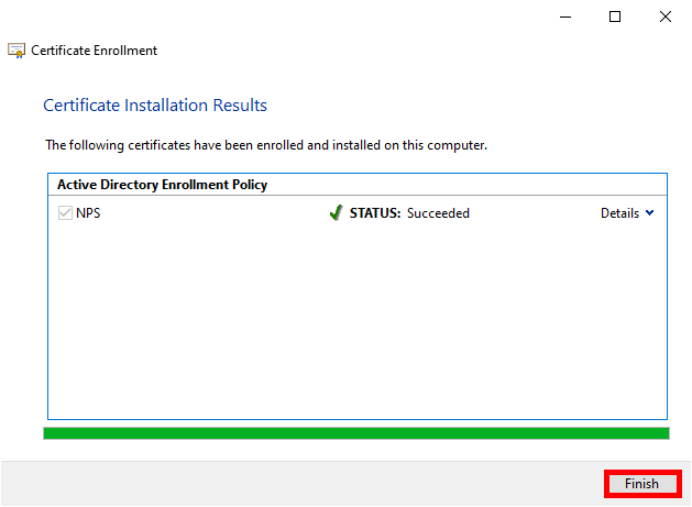 Certificate Enrollment Wizard showing 'Certificate Installation Results' screen with the status 'Succeeded' for the NPS certificate, and the 'Finish' button highlighted.