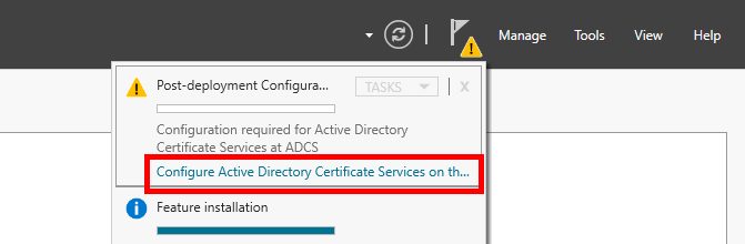 Screenshot of the Post-deployment Configuration notification in Windows Server Manager, highlighting the option to configure Active Directory Certificate Services after installation.