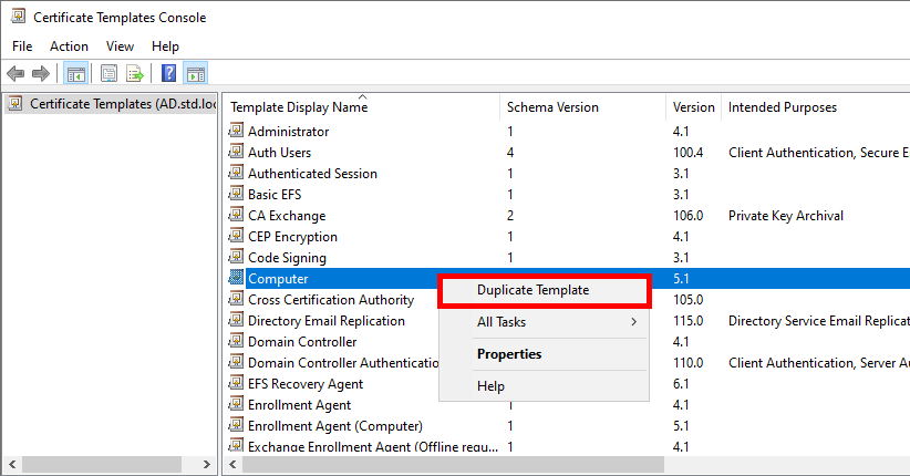 Screenshot of the Certificate Templates Console in AD CS, showing the option to duplicate the Computer certificate template.