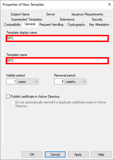 Screenshot of the Properties of New Template window in AD CS, showing the template display name and name set to NPS with validity and renewal periods configured.