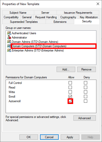 Screenshot of the Properties of New Template window in AD CS, showing security settings where Domain Computers are granted Enroll and Autoenroll permissions.