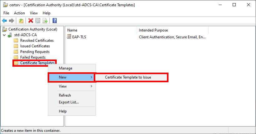 Screenshot of the Certification Authority console in AD CS, showing the option to issue a new certificate template under 'Certificate Templates'.