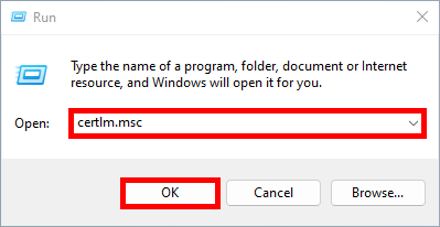 Screenshot of the Windows Run dialog with certlm.msc entered, ready to open the Local Machine Certificate Management Console.