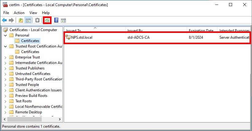 Certificate Manager showing a successfully installed certificate in the 'Personal > Certificates' section. The certificate 'NPS.std.local' issued by 'std-ADCS-CA' with expiration date '8/1/2024' is highlighted.