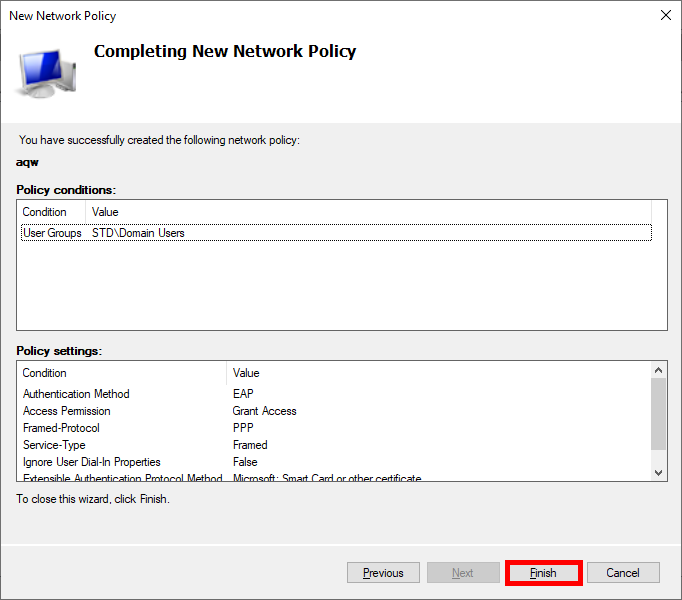 Completing the new network policy configuration for Wi-Fi EAP-TLS.