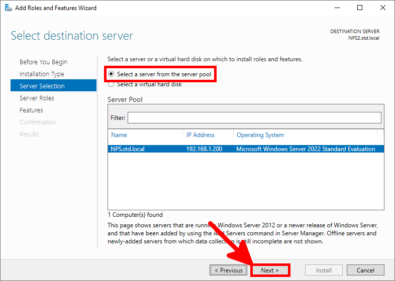 Screenshot of the Add Roles and Features Wizard in Windows Server, showing the selection of a destination server from the server pool for role installation.