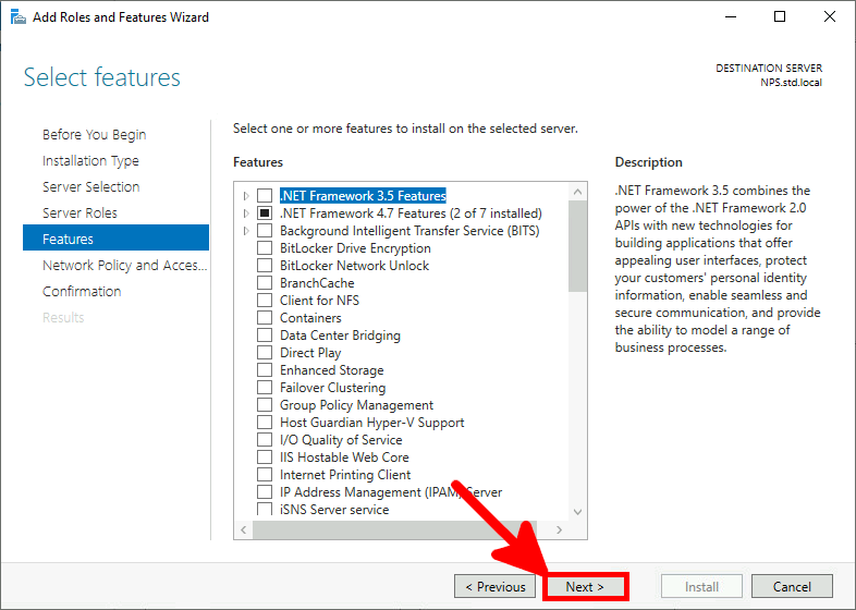 Screenshot of the Add Roles and Features Wizard in Windows Server, showing the features selection step with options like .NET Framework 3.5 Features highlighted