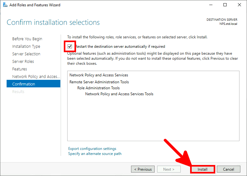 Screenshot of the Add Roles and Features Wizard in Windows Server, showing the confirmation step to install Network Policy and Access Services with the option to restart the server automatically selected.