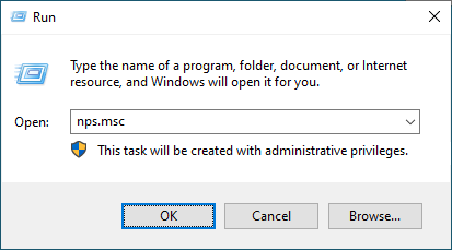 Run dialog box with the command 'nps.msc' entered to open the Network Policy Server management console.