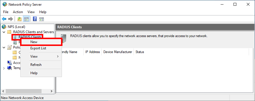 Network Policy Server console showing the creation of a new RADIUS client under the RADIUS Clients section.