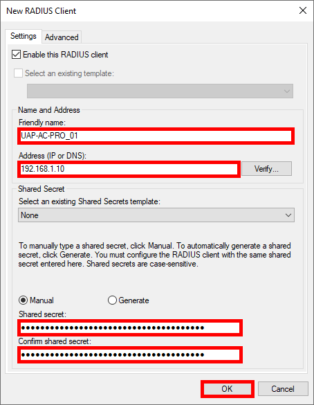 New RADIUS Client configuration in Windows Network Policy Server for UniFi WiFi access points, including fields for Friendly Name, Address, and Shared Secret.