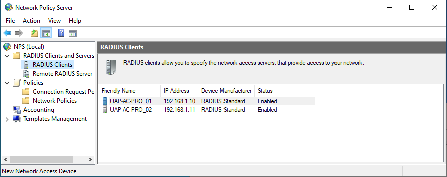 List of configured RADIUS clients in Windows Network Policy Server, showing UniFi access points with friendly names, IP addresses, and enabled status for WPA Enterprise EAP-TLS.