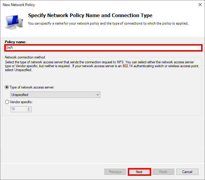 Specifying network policy name and connection type in NPS.