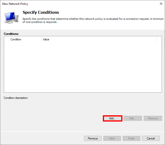 Adding conditions to a network policy in NPS.