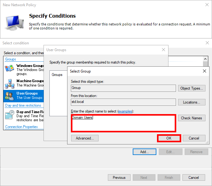 Selecting the Domain Users group for Wi-Fi EAP-TLS policy configuration.