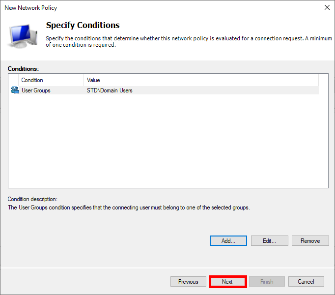 Overview of user group conditions specified for Wi-Fi EAP-TLS network policy.