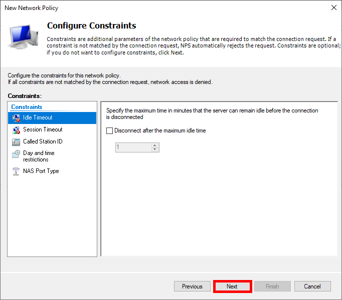 Configuring network policy constraints, including idle timeout, for Wi-Fi EAP-TLS setup.