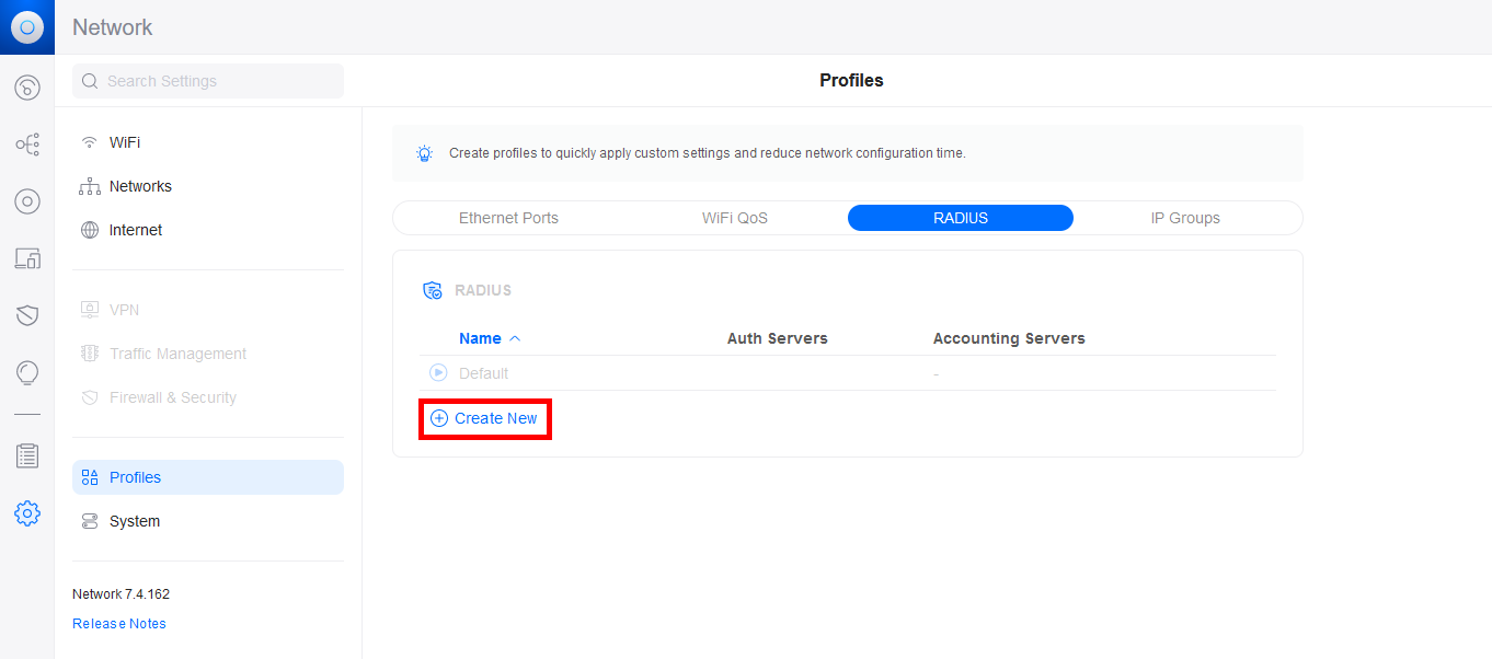 Option to create a new RADIUS profile for Wi-Fi EAP-TLS in network settings.