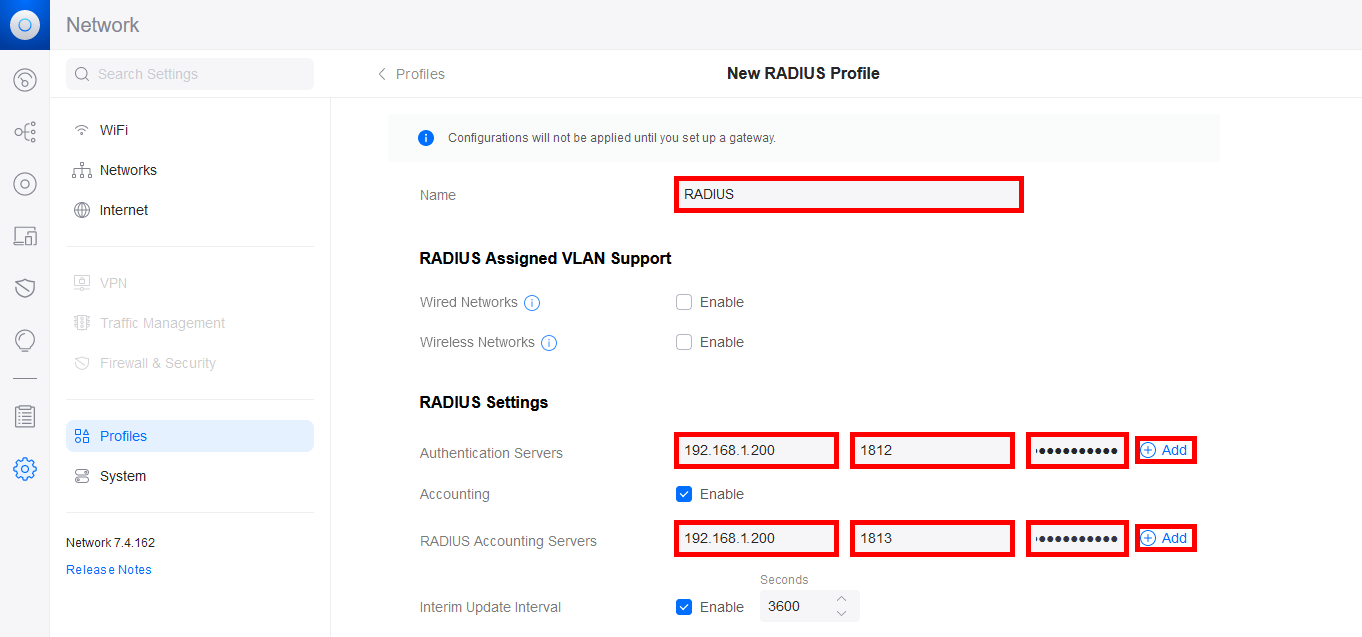 Configuring settings for a new RADIUS profile, including authentication and accounting servers for Wi-Fi EAP-TLS.