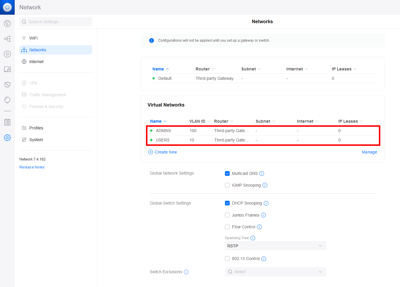 UniFi Network Server network configuration interface