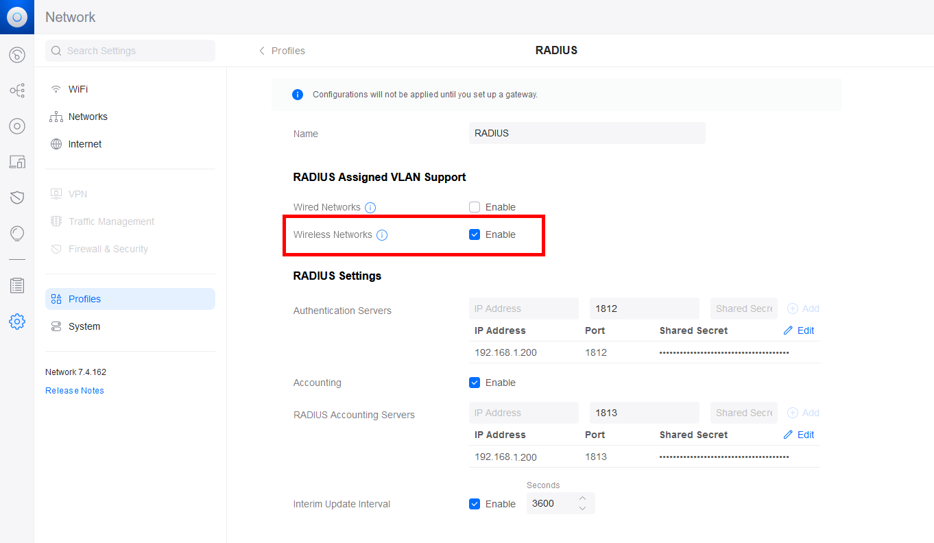 UniFi Network Server RADIUS profile configuration interface