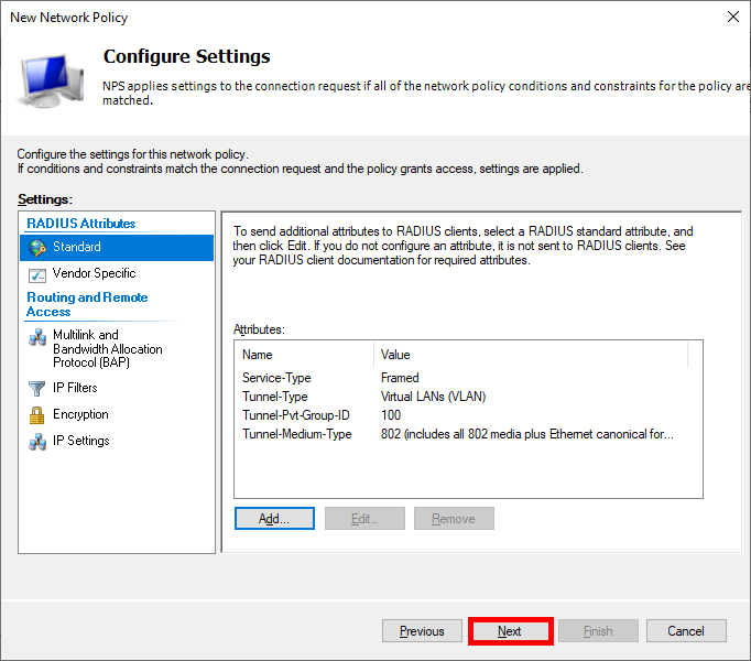 Screenshot of configure settings on a NPS server