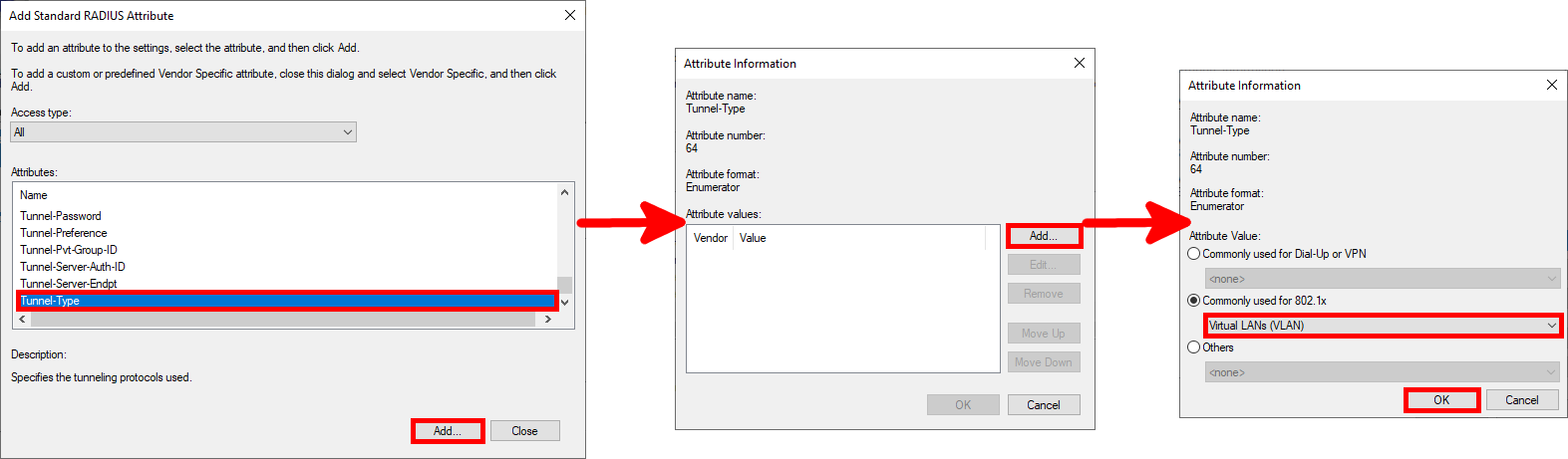 the different windows for configuring the tunnel-type attribute on a Windows NPS server