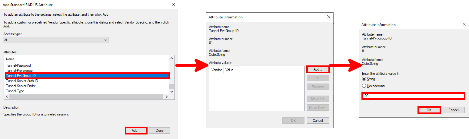 the different windows for configuring the tunnel-pvt-group-ID attribute on a Windows NPS server