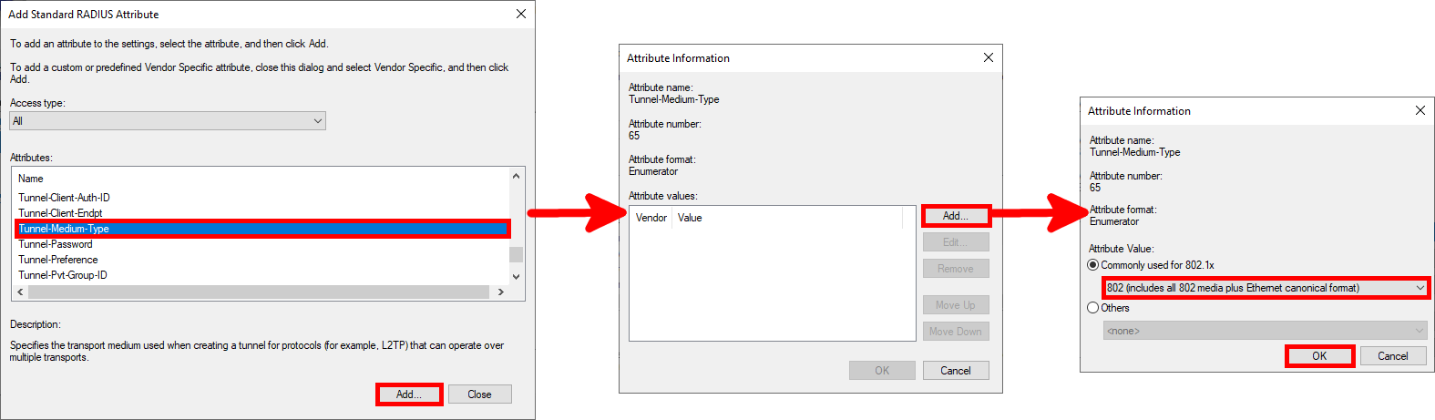 the different windows for configuring the Tunnel-Medium-Type attribute on a Windows NPS server