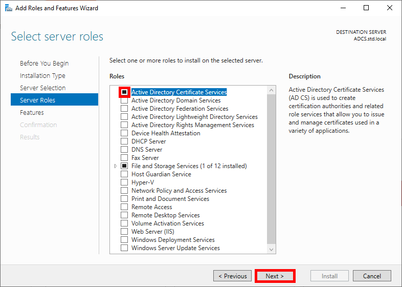 Windows role installation window when adding the Active Directory Certificate Services role