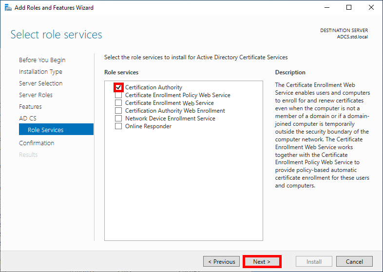 Windows role installation window when adding the service role: certification authority