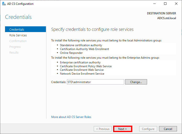 Windows window for ADCS role configuration when specifying the user account to configure this role