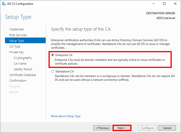 Windows window of ADCS role configuration when choosing CA installation type (here Enterprise CA is checked).